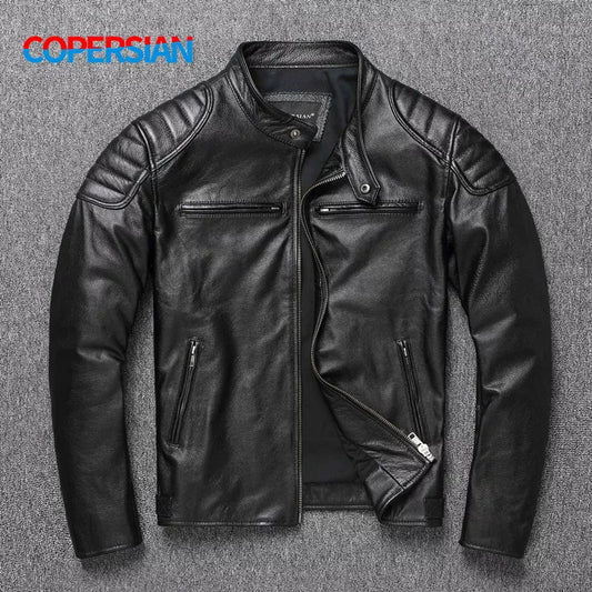 Leather Jacket Top Layer 100% Cowhide Leather Clothes Men's Stand Collar Motorcycle Clothes  Autumn Winter Plus Size [MEN]