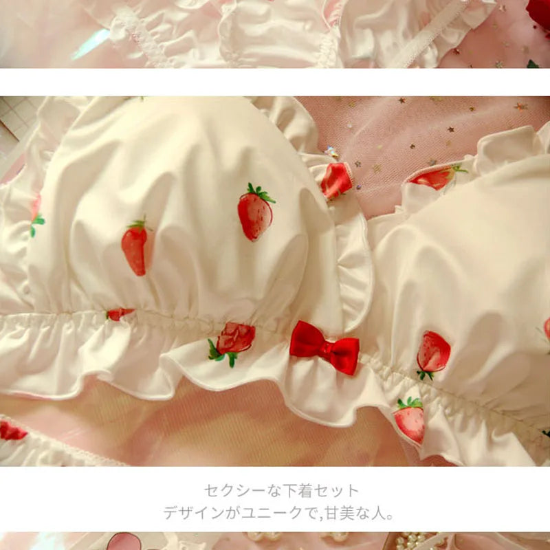 Strawberry Cute Japanese Milk Silk Bra & Panties Set Wirefree Soft Underwear Set Kawaii Lolita Bra and Panty Set Pink Lingerie [LOL]