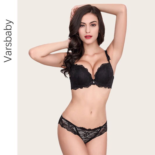 Sexy fahion thick push up lace deep V  padded bra and panty gather underwear bow cotton brassiere A B C cup lingerie set [GRM] [UND]