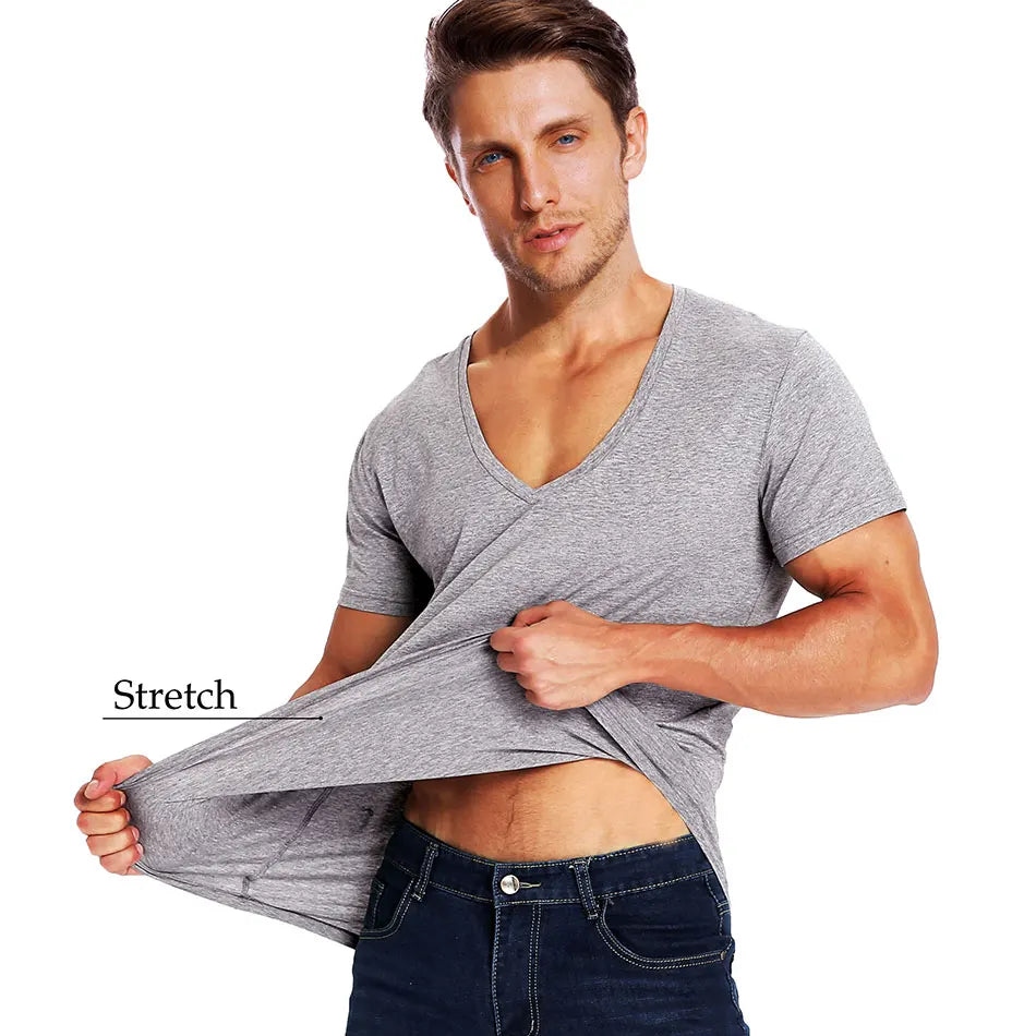 Deep V Neck T-Shirt Men Fashion Compression Short Sleeve T-Shirt Male Muscle Fitness Tight Summer Top Tees [MEN]