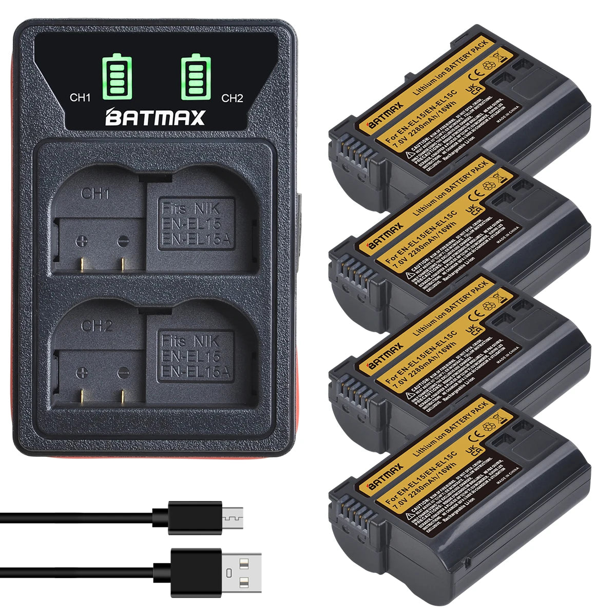 2280mAh EN-EL15C EL15C EN EL15 Battery + LED Dual Charger for Nikon Z5, Z6, Z6 II, Z7, Z7II D780, D850, D7500, D500, D600 [BAT]