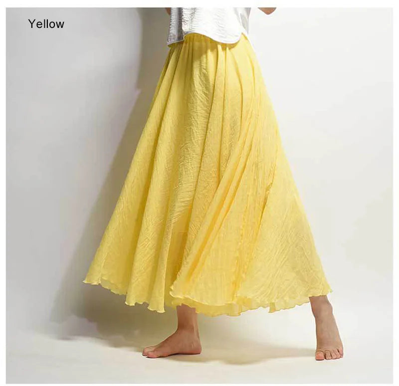 Women's Elegant High Waist Linen Maxi Skirt 2023 Summer Ladies Casual Elastic Waist 2 Layers Skirts saia feminina 20 Colors SK53 [WOM]