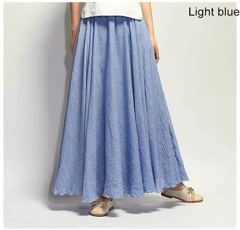 Women's Elegant High Waist Linen Maxi Skirt 2023 Summer Ladies Casual Elastic Waist 2 Layers Skirts saia feminina 20 Colors SK53 [WOM]