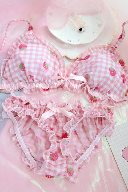 Lolita Women's Cute Strawberry Print Bra & Panties Lingerie Set Japanese Girl Bras Briefs Underwear Set Women Bra and Panty Set [LOL]