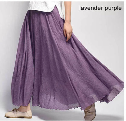 Women's Elegant High Waist Linen Maxi Skirt 2023 Summer Ladies Casual Elastic Waist 2 Layers Skirts saia feminina 20 Colors SK53 [WOM]