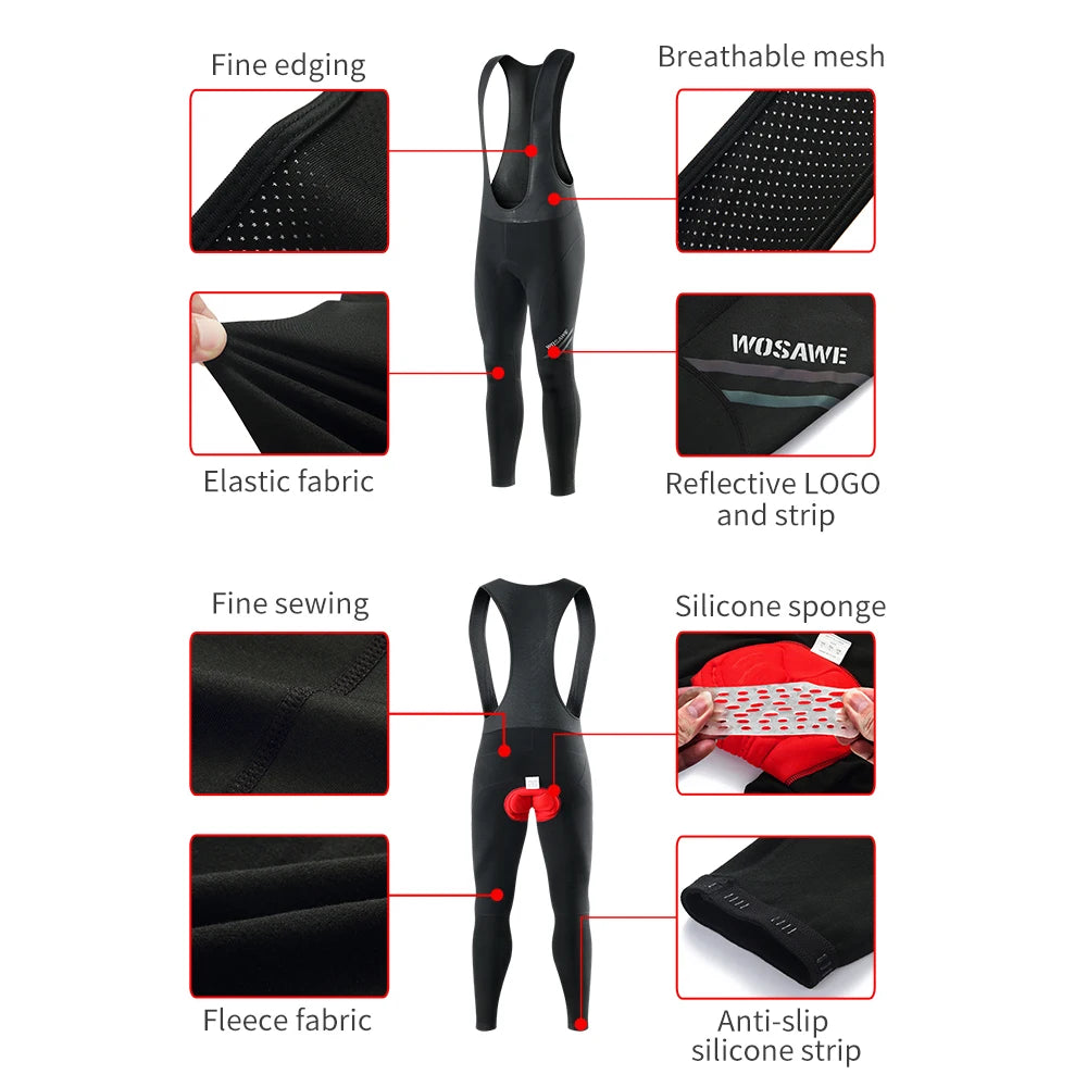 Men's Winter Bib Pant Tight Fleece Thermal Mountain Bike Gel Padded MTB Bike Long Pant Windproof Warm Cycling Bib Shorts [MEN]