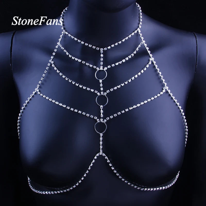 Gift Sexy Body Chain Bra Jewelry Open Round Top Body Chains Rhinestone Harness Party Club Charming Women Jewellery [GRM] [UND]