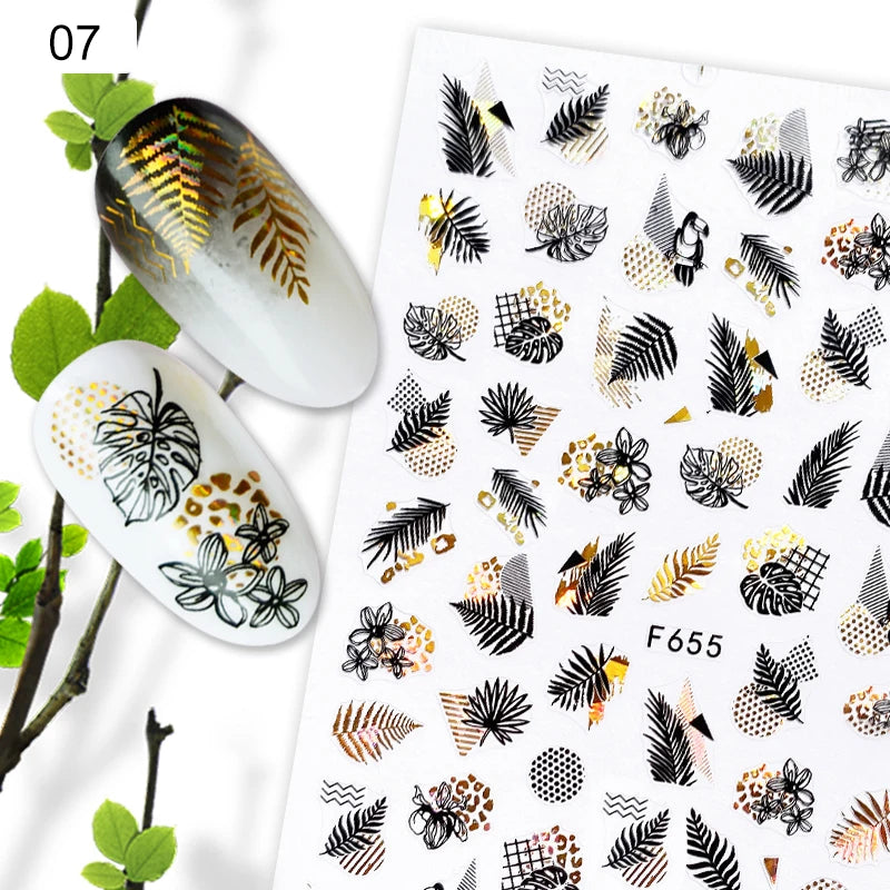 1PC Gold Black Bronzing Leaves Tree 3D Nail Sticker Iridescent Geometrics Lines Adhesive Transfer Sticker DIY Nail Decoration [BEU]