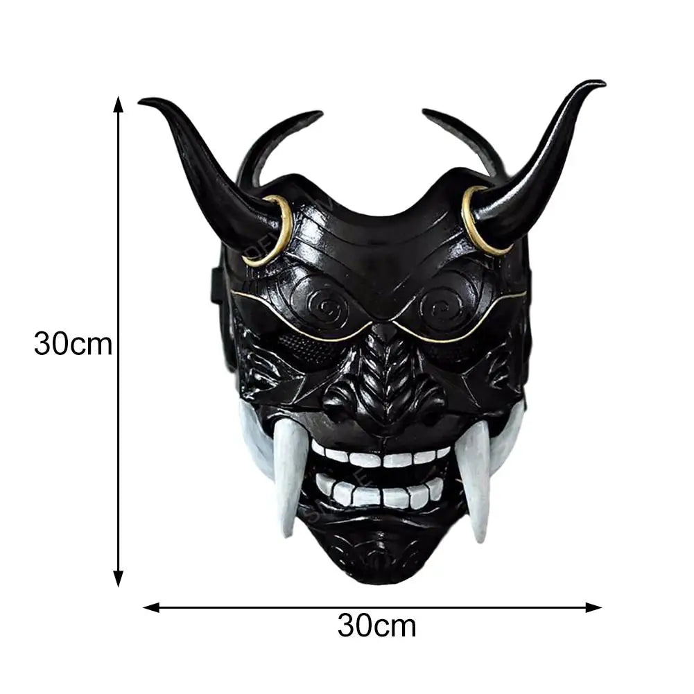 Halloween Red Prajna Hell Ghost Mask Cosplay Japanese Oni Samurai Mask Cow Devil Red Face Grimace Horn Mask Cosplay Costume Prop [COS]