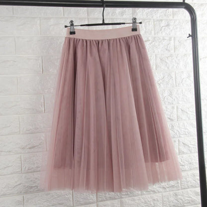 TingYiLi 4 Layers Tulle Skirts Womens Black Gray White Adult Tulle Skirt Elastic High Waist Pleated Midi Skirt [WOM]