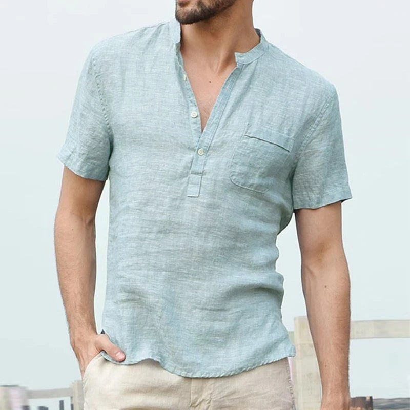 Men's Casual Hip Pop t-Shirt Summer Short-Sleeved Linen Shirts With Stand-Up Collar Soild Short-Sleeved Shirt Buiness Shirts To [MEN]