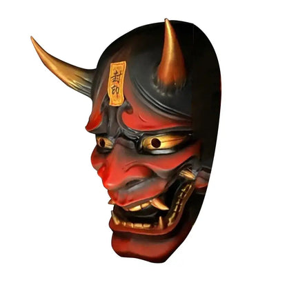 Halloween Red Prajna Hell Ghost Mask Cosplay Japanese Oni Samurai Mask Cow Devil Red Face Grimace Horn Mask Cosplay Costume Prop [COS]
