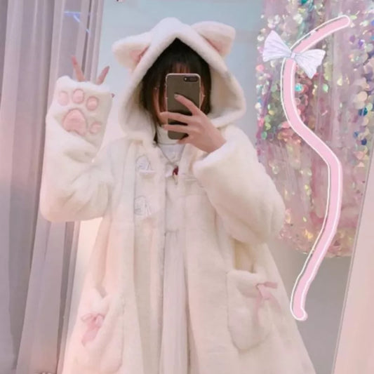 Winter Jacket Women Lolita Fleece-lined Thickened Girl Soft Fabric Kawaii Cat Ear Hat Claw Cute Plush White Coat Youthful Parka [LOL]