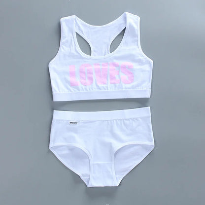 Teenage Girls Underwear Wireless Letter Print Small Bra Panty Set For Children Young Girls Sports Runnin Crop Tops 8-16Years [GRM] [UND]