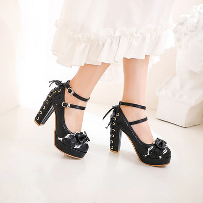 Lolita Heavy-Bottomed Women's Pumps Platform Shoes Princess Bowknot Kawaii Woman cosplay Shoes Round Head Sweet High Heels [LOL]