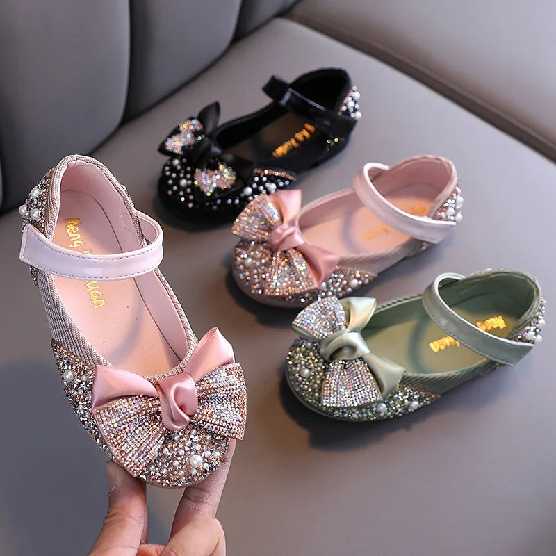 New Children Leather Shoes Rhinestone Bow Princess Girls Party Dance Shoes Baby Student Flats Kids Performance Shoes D785 [SHO]