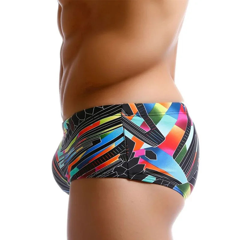 Mens Underwear Print Swim Trunks Low Waist Sexy Boxers Beachwear Shorts Men's Swim Boxers with/without Pad [GRM] [UND]