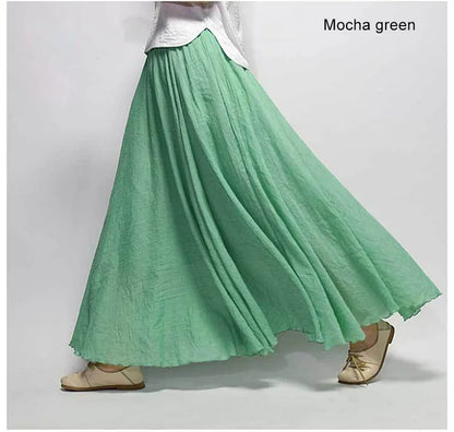 Women's Elegant High Waist Linen Maxi Skirt 2023 Summer Ladies Casual Elastic Waist 2 Layers Skirts saia feminina 20 Colors SK53 [WOM]