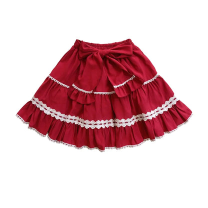 Lolita Kawaii Skirt Women Goth Black Pink High Waist Princess Girls Summer Vintage Red Green Bandage Bow Tutu Mini Skirts  [LOL]