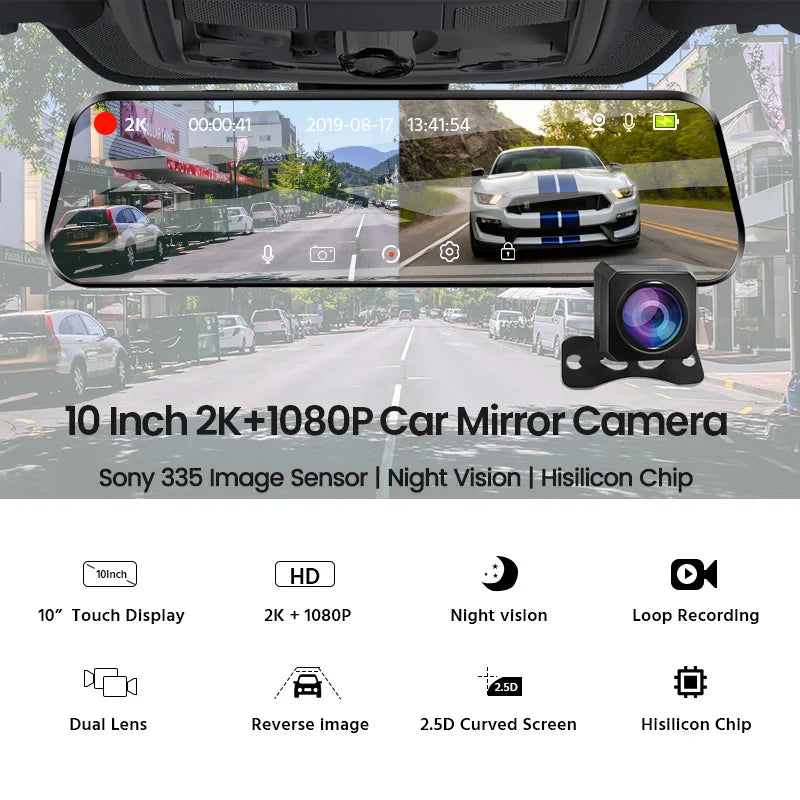 2.5K GPS WiFi Car Dvr 10'' Stream Media Mirror Dash Camera 1440P Car Camera Night Vision Video Recorder Dual Lens Sony Dashcam [CAR]