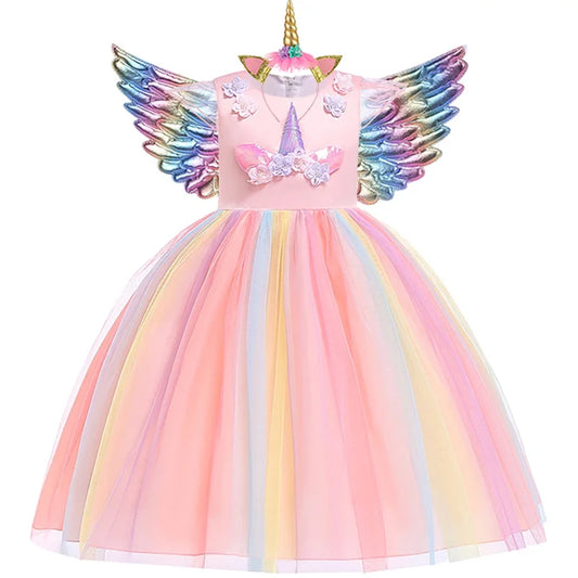 Girls Unicorn Tutu Dress Rainbow Princess Kids Party Dress Children Christmas Halloween Cosplay Costume With Headband Wings [COS]