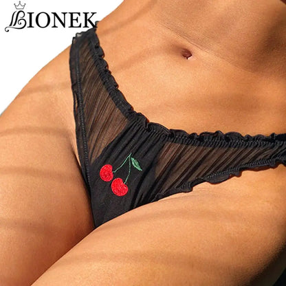 BIONEK Women Sexy Lace Underwear Ruffle Panties Japanese Lolita Style Transparent Seersucker Lingerie Fruit Embroidery Briefs [LOL]