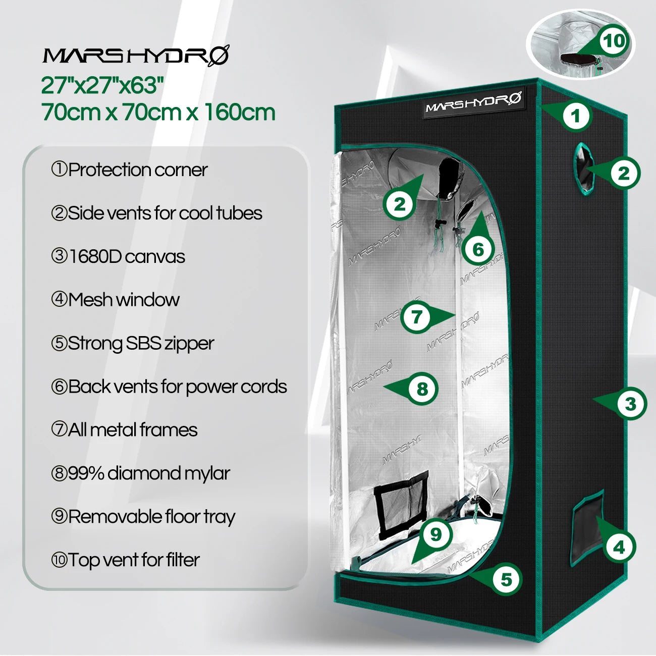 Hydro 1680D 70x70x160cm Grow Tent Diamond Reflective Mylar, Indoor Hydroponics Grow Tent (27''x27''x63'') [GAR]