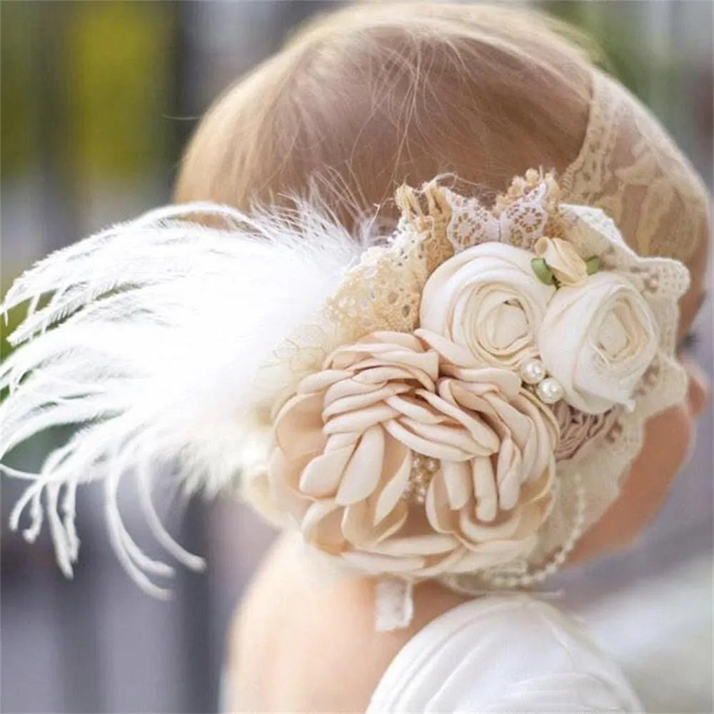 Vintage Flower Headband Baby Girls Headwraps Newborn Photography Props Gifts Lace Elastic Hair Bands Pearl Feather Accessories [PHO]