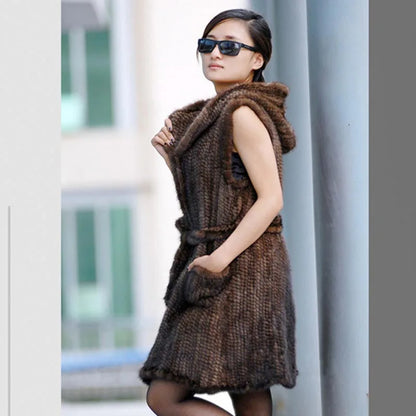 New Genuine knitted mink fur vest hooded mink fur vest warm winter fur coat [WOM]