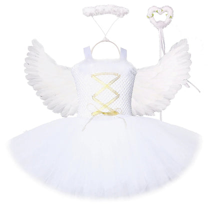 White Angel Christmas Dress Girls Princess Fairy Dresses with Wings Cosplay Costume Girl Kids Tutus Outfit for Birthday Party [COS]