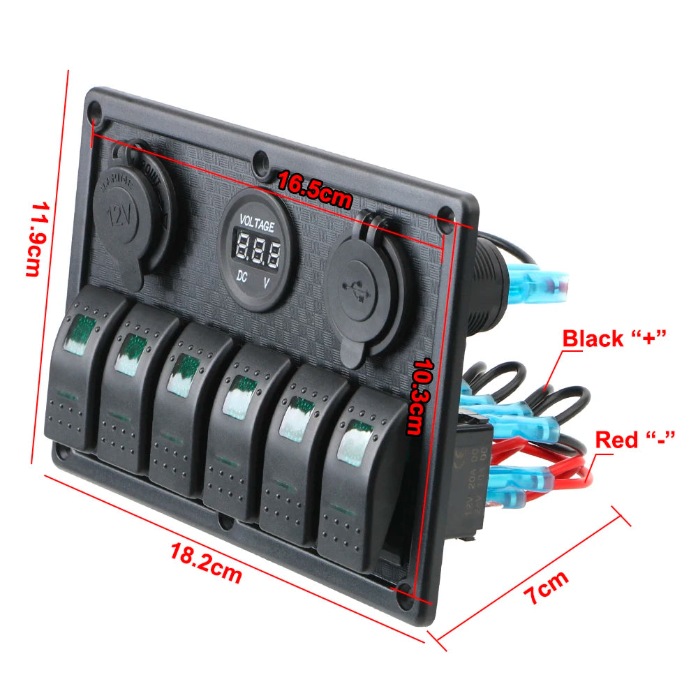 24V 12V 6 Buttons Switch Panel With Digital Voltmeter Tester USB Chargers 3.0 Light Toggle Car Power Adapter Marine Boat Caravan [MRN]