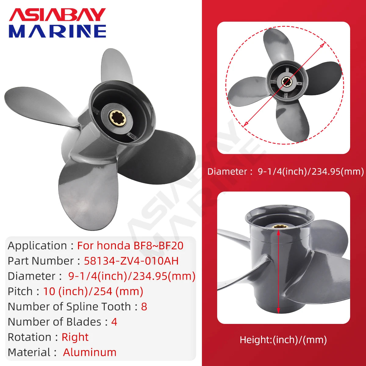 Outboard Propeller For Honda 8hp 9.9hp 10hp 15hp 20hp 9 1/4*10 Boat Motor 4 Blade Aluminum Screw 8 Spline Marine Engine Part [MRN]