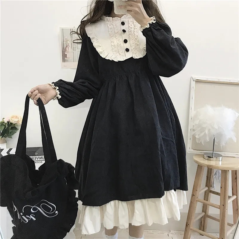 Japanese Lolita Style Women's Dresses Spring Autumn O-Neck High Waist Slimming Contrast-Color Ruffled Sweet Dress Kawaii Clothes [LOL]