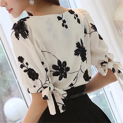 Fashion Women Shirt Blouse Summer Tops Chiffon Casual Shirt O Neck Half Sleeve Floral Printing Female Blusas Clothing [WOM]