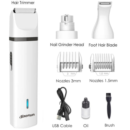 BaoRun 3 IN 1 Pet Grooming Kit Rechargeable Pets Clippers Dog Cat Hair Trimmer Paw Nail Grinder Foot Cutter Hair Cutting Machine [PET]