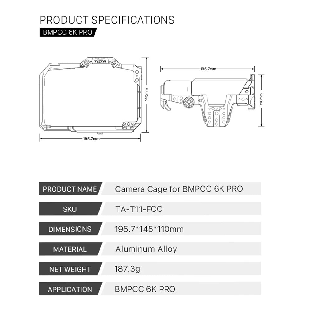 TILTA BMPCC 6K PRO Camera Cage TA-T11-A Dslr Rig Kit for BMD BMPCC 6K PRO Baseplate Top handle R/S side handle Armor [PHO]