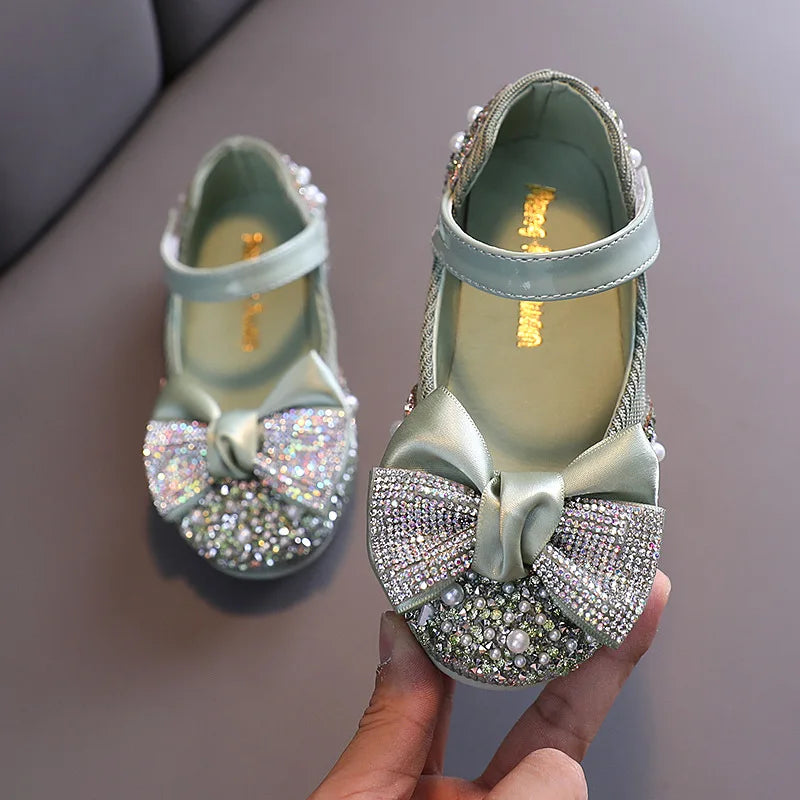 New Children Leather Shoes Rhinestone Bow Princess Girls Party Dance Shoes Baby Student Flats Kids Performance Shoes D785 [SHO]