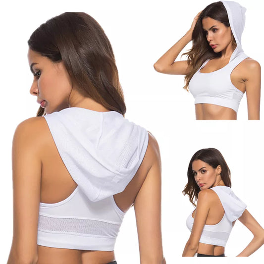 Women Sport Tank Crop Tops Fashion Quick Dry Elastic Fitness Sports Bra Hooded Vest Running Female Girls Sports Short Tees [GRM] [UND]