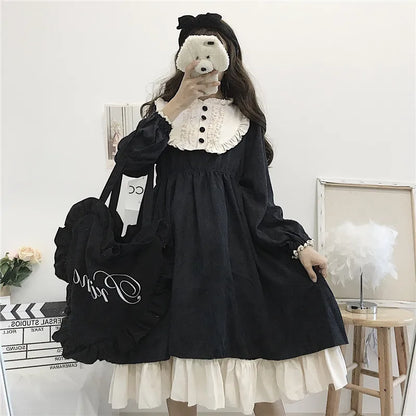 Japanese Lolita Style Women's Dresses Spring Autumn O-Neck High Waist Slimming Contrast-Color Ruffled Sweet Dress Kawaii Clothes [LOL]