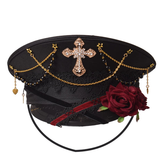 Gothic Lolita Military Hat Cap for Women Female Black Cross Sailor Captain Flat Steampunk Hats [LOL]