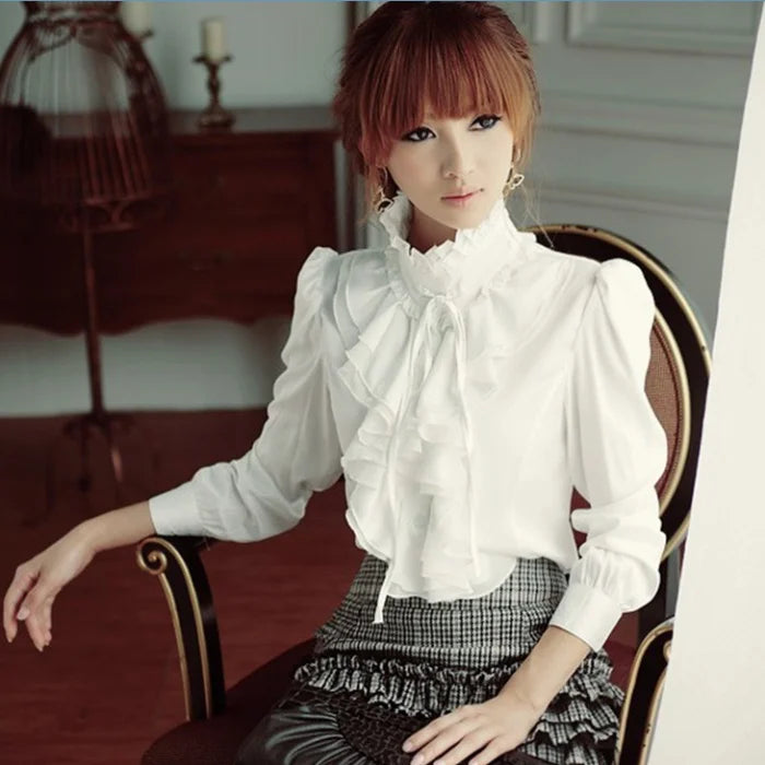 Oversize 5XL Women Lolita Shirt Long Sleeve Stand Collar Chiffon Blouses With Ruffles Ladies Bow Shirt Royal Style Gothic Shirt [LOL]