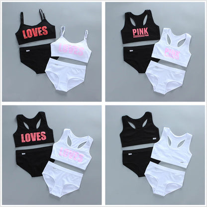 Teenage Girls Underwear Wireless Letter Print Small Bra Panty Set For Children Young Girls Sports Runnin Crop Tops 8-16Years [GRM] [UND]