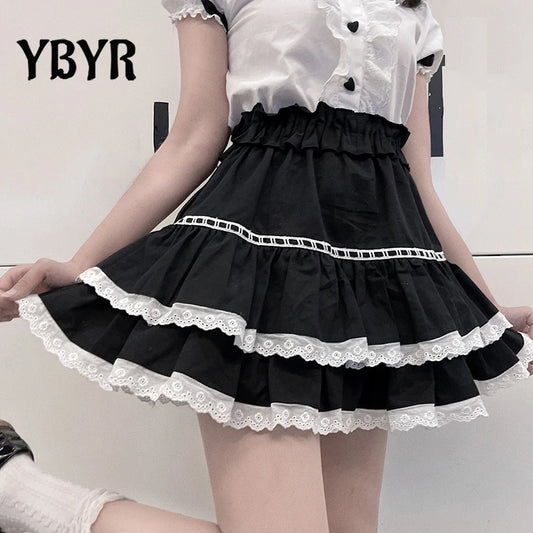 Lolita Women Mini Skirts New Sexy Lace High Waist A-line Black Pleated Skirt School Girls Hem Cute Streetwear Harakuju [LOL]