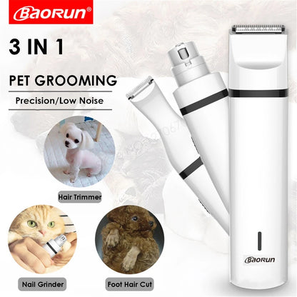 BaoRun 3 IN 1 Pet Grooming Kit Rechargeable Pets Clippers Dog Cat Hair Trimmer Paw Nail Grinder Foot Cutter Hair Cutting Machine [PET]