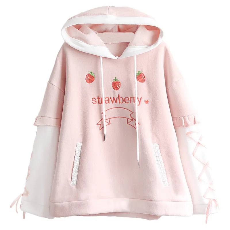 Japanese Harajuku Kawaii Women Sweatshirt Winter Sweet Strawberry Thicken Hooded Hoodie Lolita Fleece Warm Lace Up Pink Pullover [LOL]