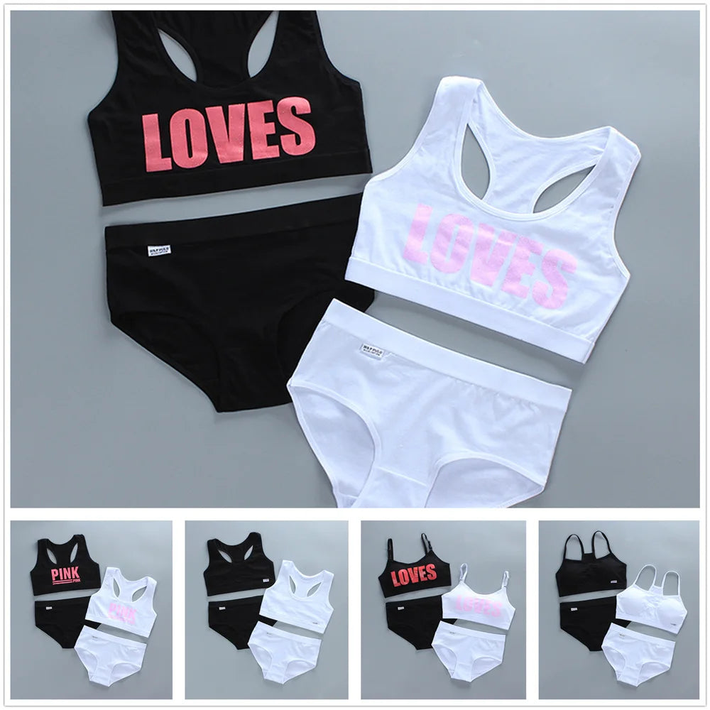 Teenage Girls Underwear Wireless Letter Print Small Bra Panty Set For Children Young Girls Sports Runnin Crop Tops 8-16Years [GRM] [UND]