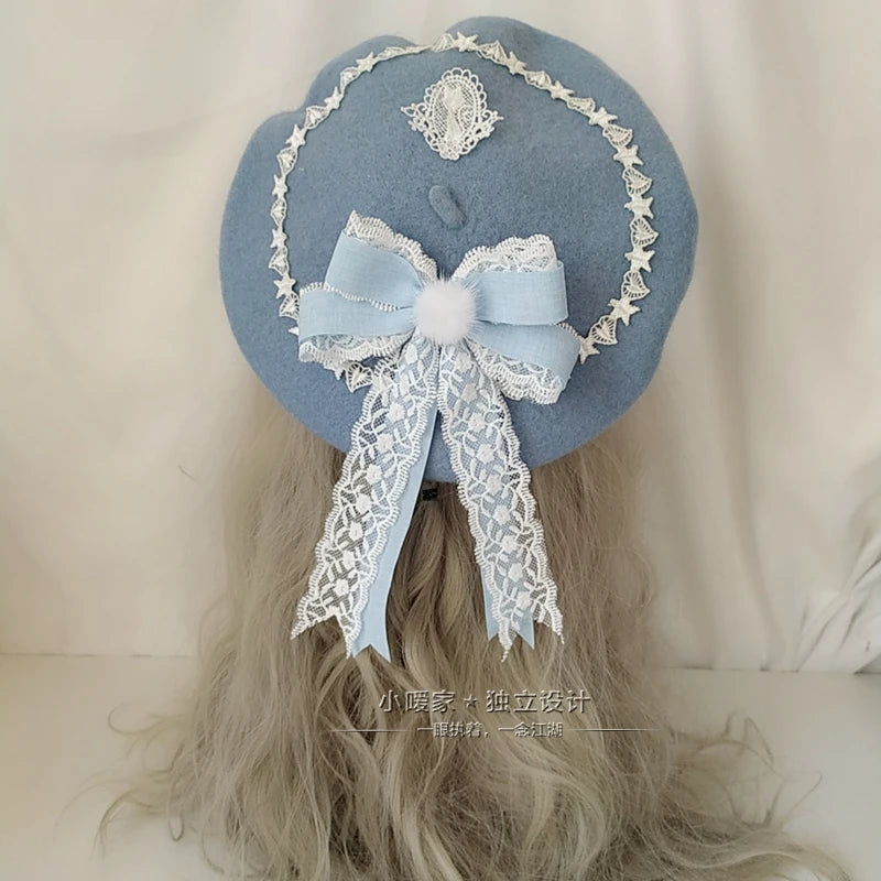 Japanese-style Beret Lolita GIRL'S Sweet Cute Versatile Woolen Women's Hand Made Lace Bow Bud [LOL]