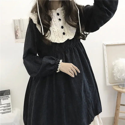 Japanese Lolita Style Women's Dresses Spring Autumn O-Neck High Waist Slimming Contrast-Color Ruffled Sweet Dress Kawaii Clothes [LOL]