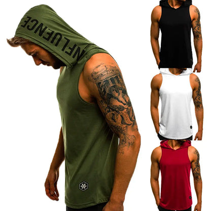 Fashion Summer Mens Sleeveless Hoodie T-Shirts Muscle Sweatshirt Cool Hoody Tops GYM Sport Slim Fitness Hooded Sportswear Tees [MEN]