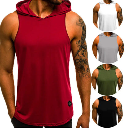 Fashion Summer Mens Sleeveless Hoodie T-Shirts Muscle Sweatshirt Cool Hoody Tops GYM Sport Slim Fitness Hooded Sportswear Tees [MEN]